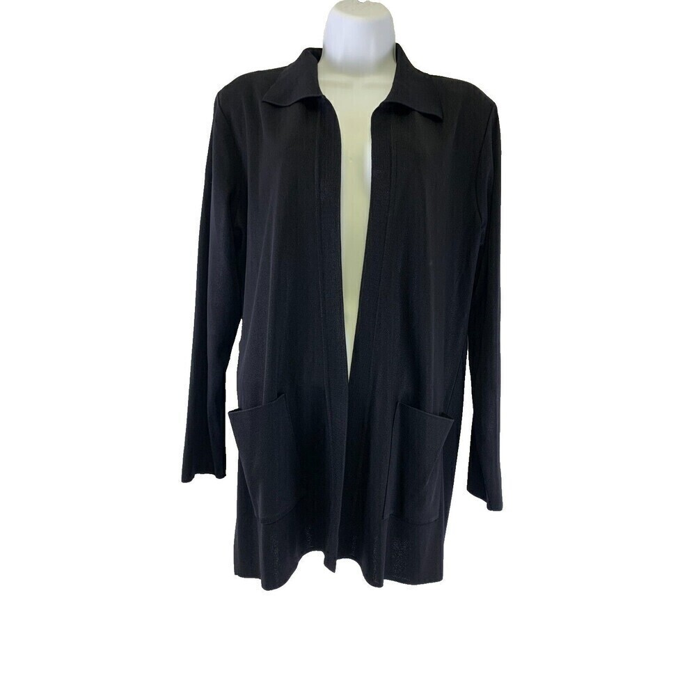 Exclusively Misook Collared Jacket Cardigan Patch Pockets Open Front Black Large
